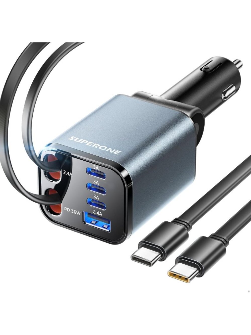Versatile 6-in-1 Retractable Car Charger with Dual Type C Cables - Fast